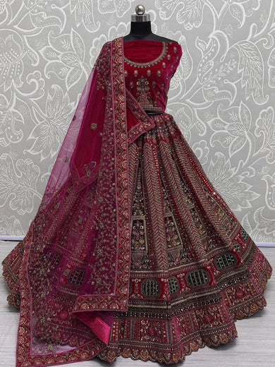 Stunning Pink Velvet Hand Mirror Work Bridal Lehenga Choli With Dupatta - Ethnic Plus In